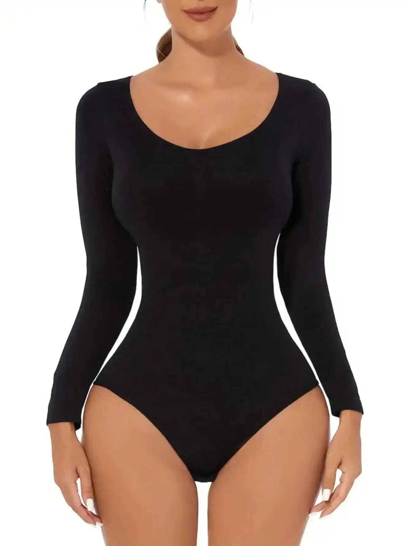 Tummy Control Butt Lift One-Piece Long Sleeve Round Neck Women's Underwear Postpartum Body Shaping Garment