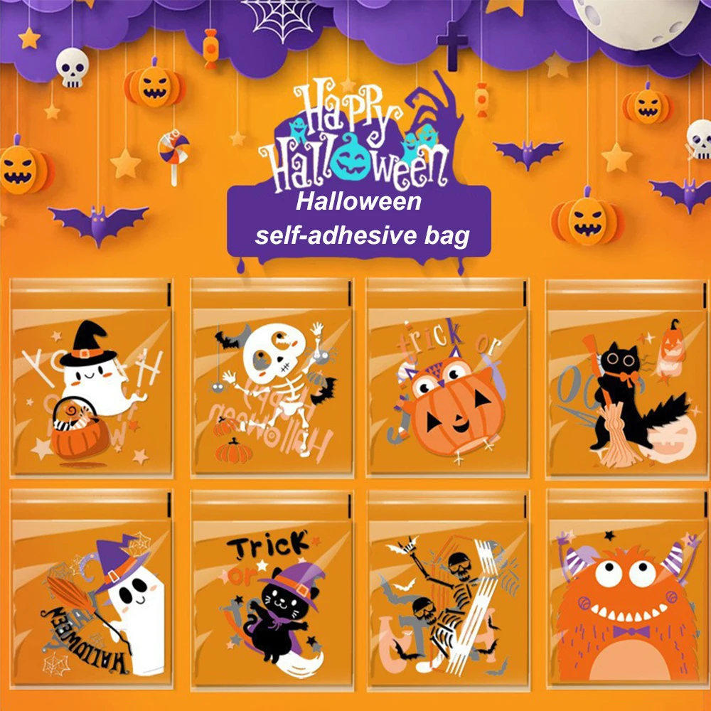 100pcs Halloween Cookie Packaging Bags Party Cookie Packaging Bag Sealed Against Moisture Safe Food Grade Material Self-Adhesive