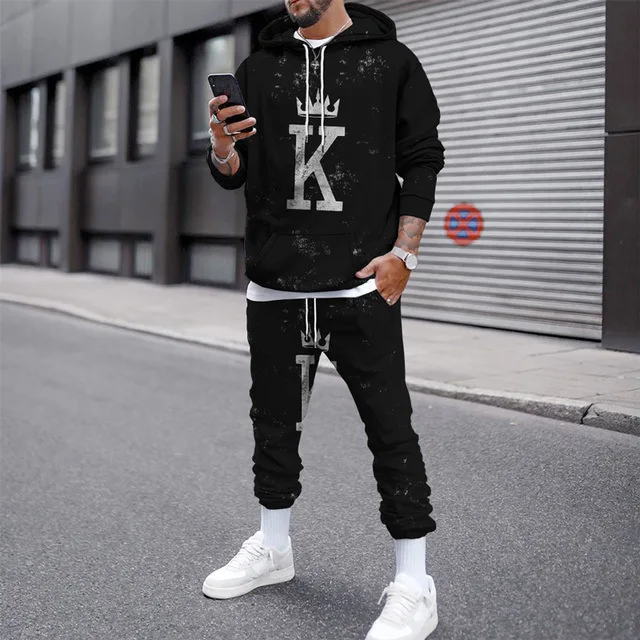 Funny Poker Pattern Men\'s 2-piece Outfits 3D Print Men Women Hooded Sweatshirt Set Street Plus Size Fashion Tracksuit Pants Sets