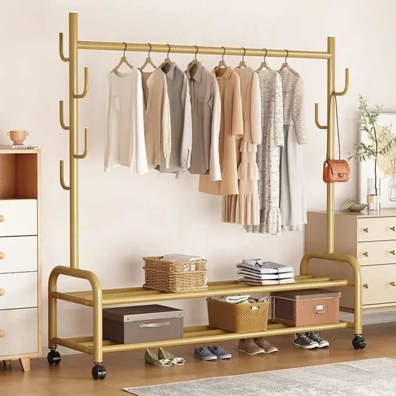 

Floor Standing Coat Rack Metal Wheel Multifunctional Clothes Hanger Portable Living Room Bedroom Furniture