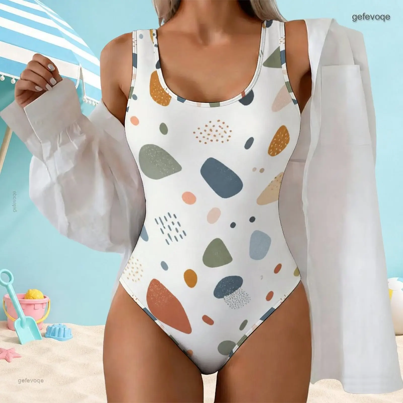 Women Printed Abstract Pebble Geometric One Piece Swimsuit Scoop Neck Wide Strap High Cut