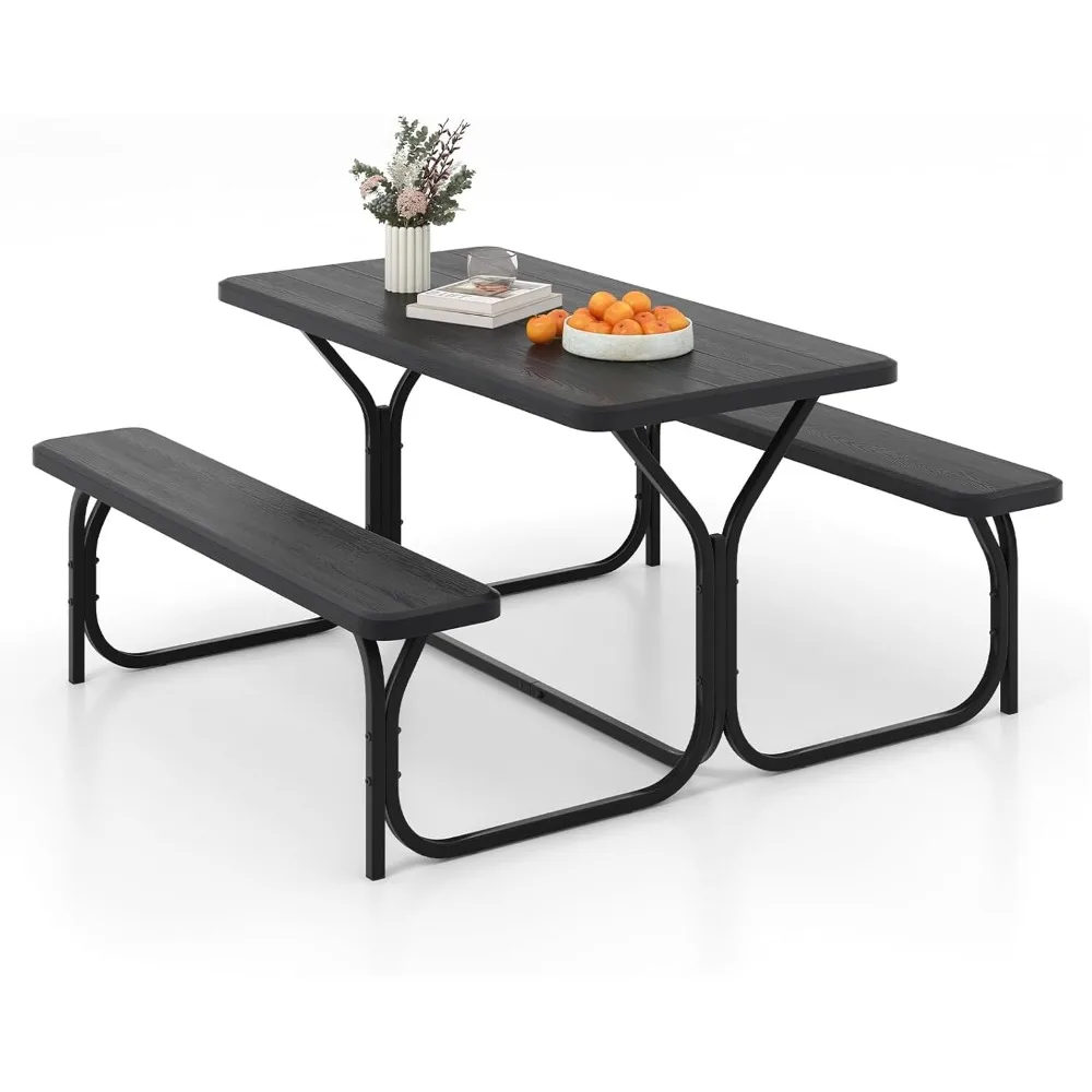 

Picnic Table, 59” Plastic Picnic Table with Benches, Steel Frame & Wood-Like Texture Tabletop, Expanded Rectangular