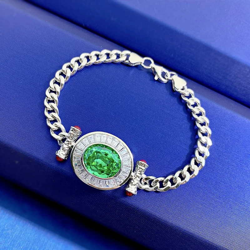 

S925 Silver 10 * 12 Palaiba Green Cuban Bracelet Adjustable Wholesale for Men and Women