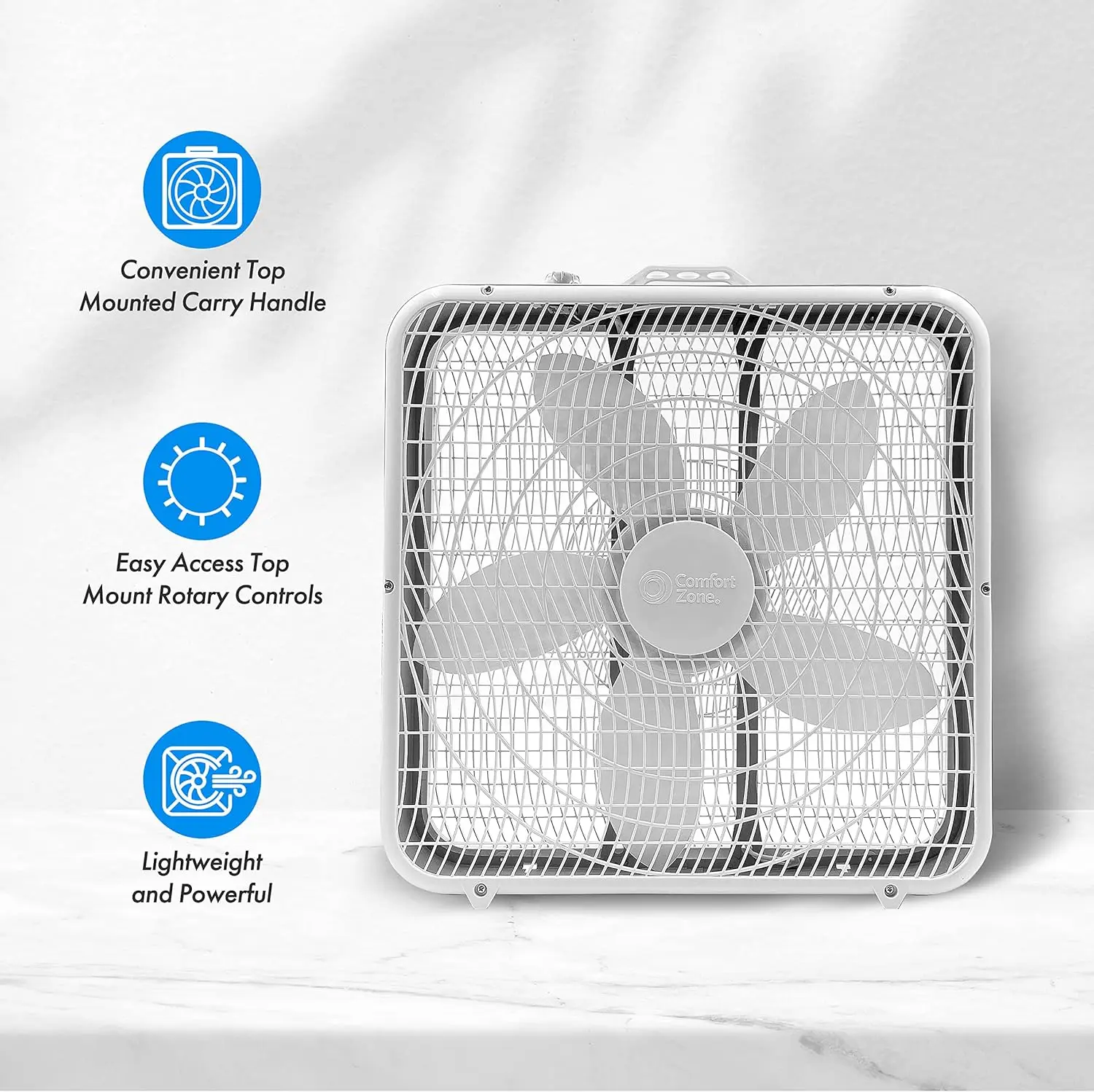 Box Fan with Carry Handle, 20 inch, 3 Speed Full-Force Air Circulation Window Fan, Bedroom Floor Fan with 5 Blades,