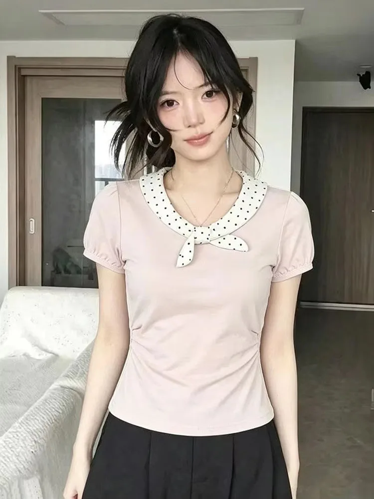 Cute Polka Dot Peter Pan Collar Short Sleeve T-shirt Women 2026 New Slim Waist Crop Top Y2k Aesthetic Sweet Casual Tees