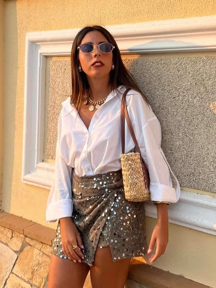 

HH Women Autumn Fashion Versatile Sequined Asymmetrical Mini Skirt Female Sexy Side Zipper Lining Casual Slim A-line Skirts