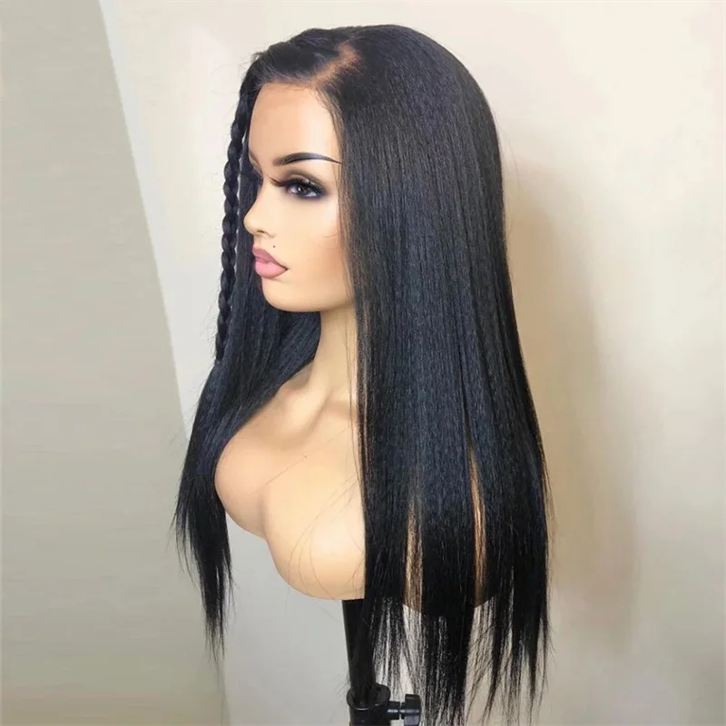 Suave largo negro 180 densidad 26 pulgadas sin pegamento rizado recto profundo peluca con malla frontal para mujeres con pelo de bebé prearrancado diario