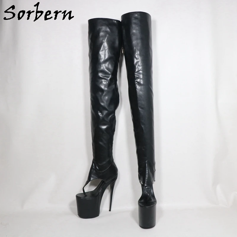 Sorbern Customized Mid Thigh High Boots For Women Flipflop 20Cm Thin High Heel Thick Platform Shoes Black Matte