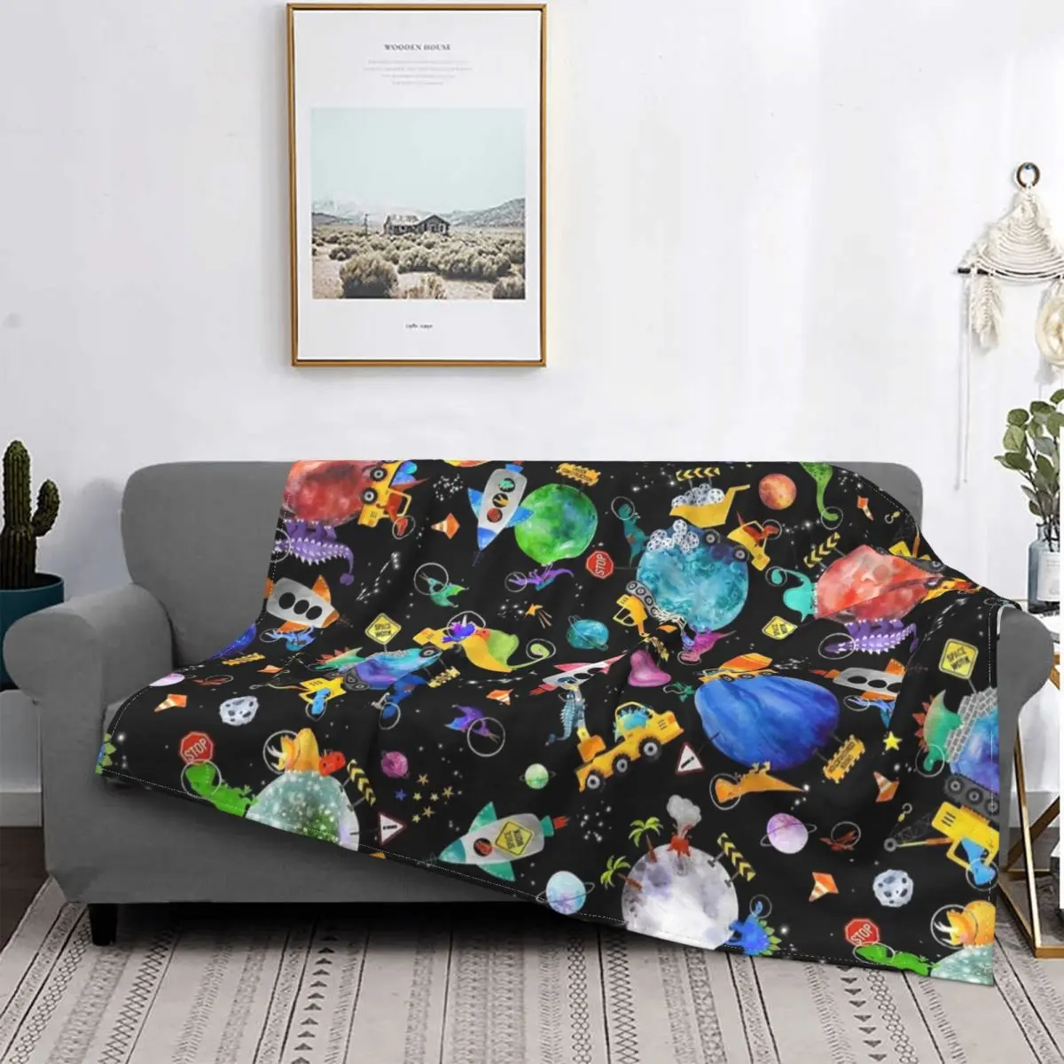 Dinosaur Space Crew Galaxy Fleece Throw Blanket Construction Cute Dino Cartoon Blankets for Home Bedroom Ultra-Soft Quilt