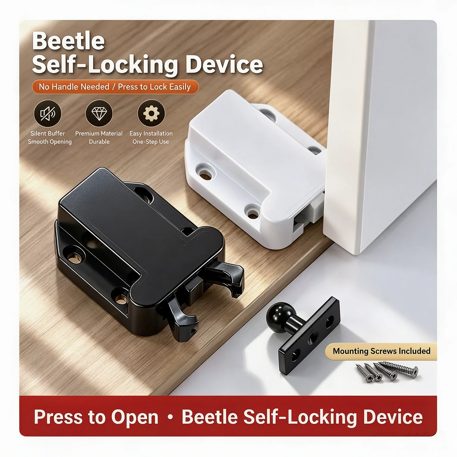 Beetle Style Cabinet Self-Locking Spring Touch Latch, Press to Open No Handle Cabinet Door Catch with Mount Screws