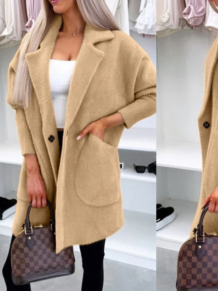 

Темпераментные простые свободные шерстяные кардиганы с карманами, модное пальто с лацканами и длинными рукавами, повседневное женское однотонное пальто для поездок на работу