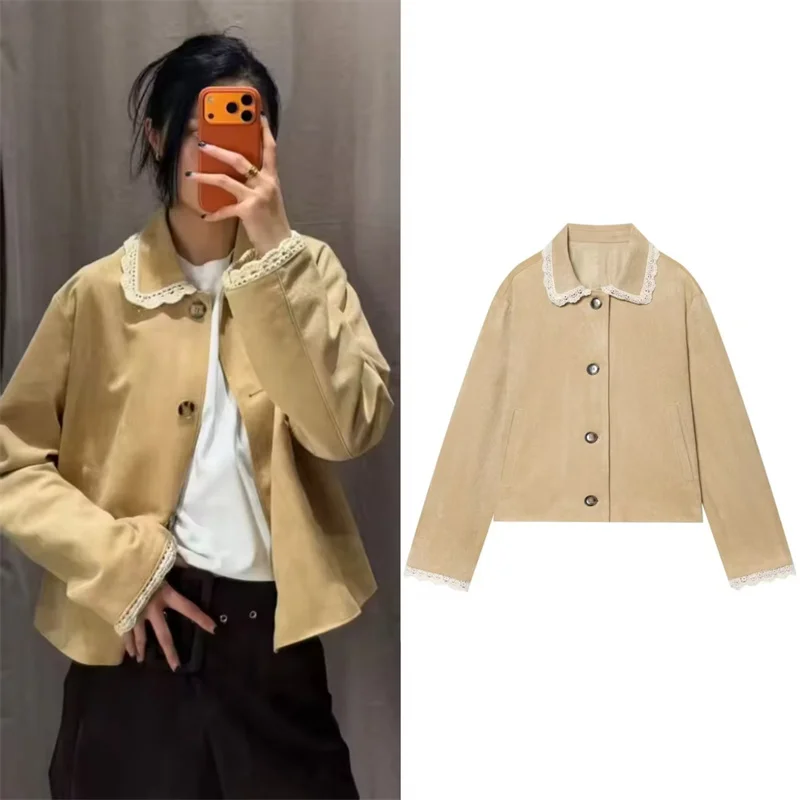 

Women's Coat 2026 Summer New Style Khaki Long Sleeve Lace Trim Single-Breasted Coat Casual Fashion Versatile