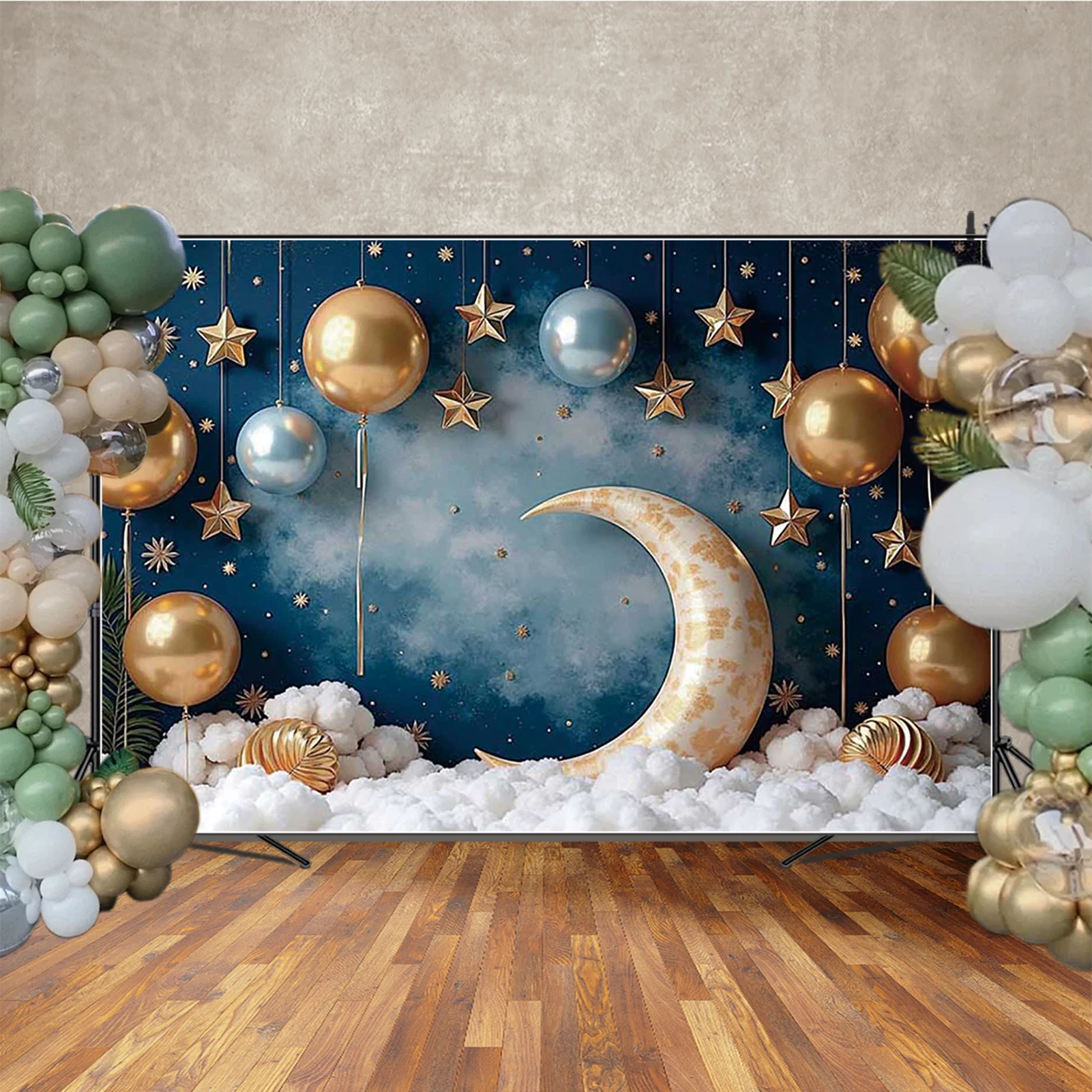 MOON.QG 赤ちゃん新生児誕生日背景写真撮影バルーンブルー壁ムーン Photozone 背景子供スタジオフォトブース小道具