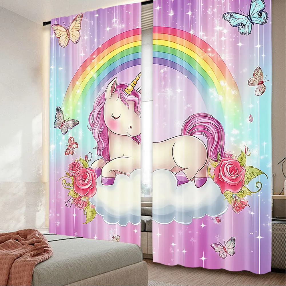 

2Pcs Unicorn Curtain Rainbow Unicorn Curtain Curtain Butterfly Suitable For Living Room Bedroom Kitchen And Bathroom