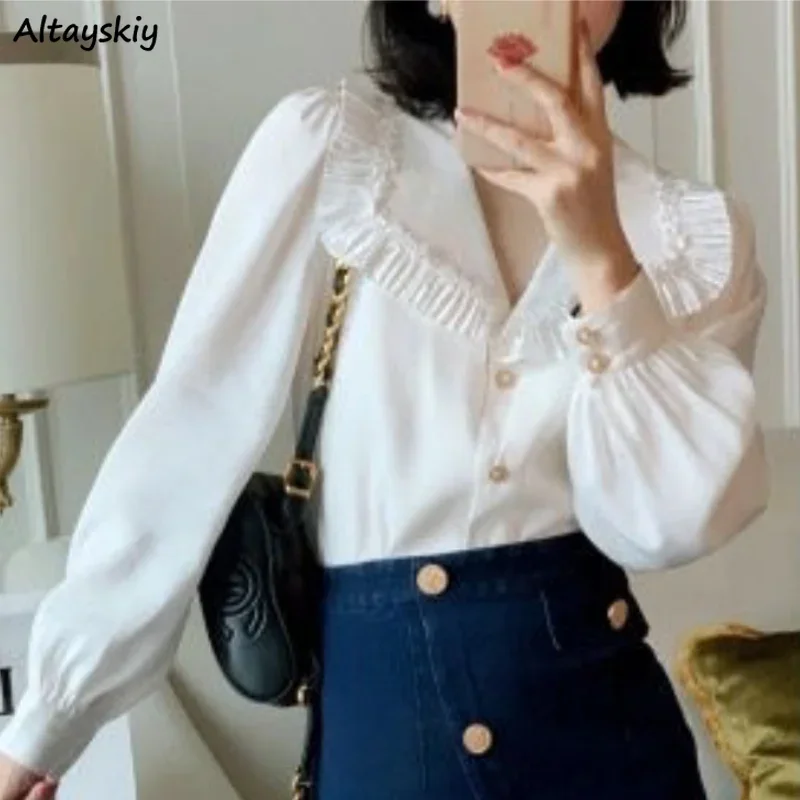 

Shirts Women Ruffled Casual Office Lady Classic Pure All-match Vintage Elegant Korean Style Fashion Spring Basic Design Sweet