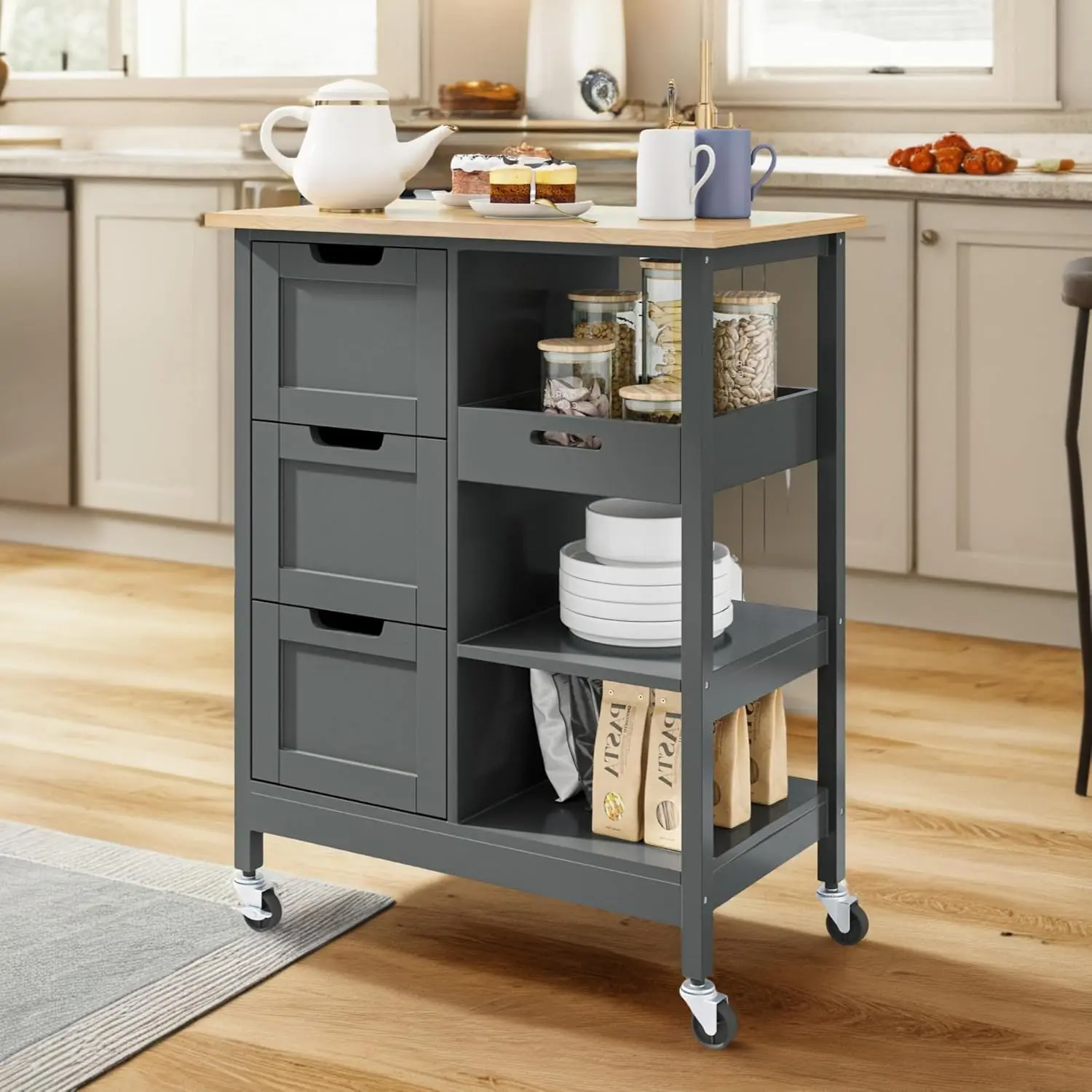 Dwvo Rolling Kitchen Island Cart With 3 Drawers, 27 Inch Soild Wooden Countertop Kitchen Storage Cabinets, Drawers Cart For