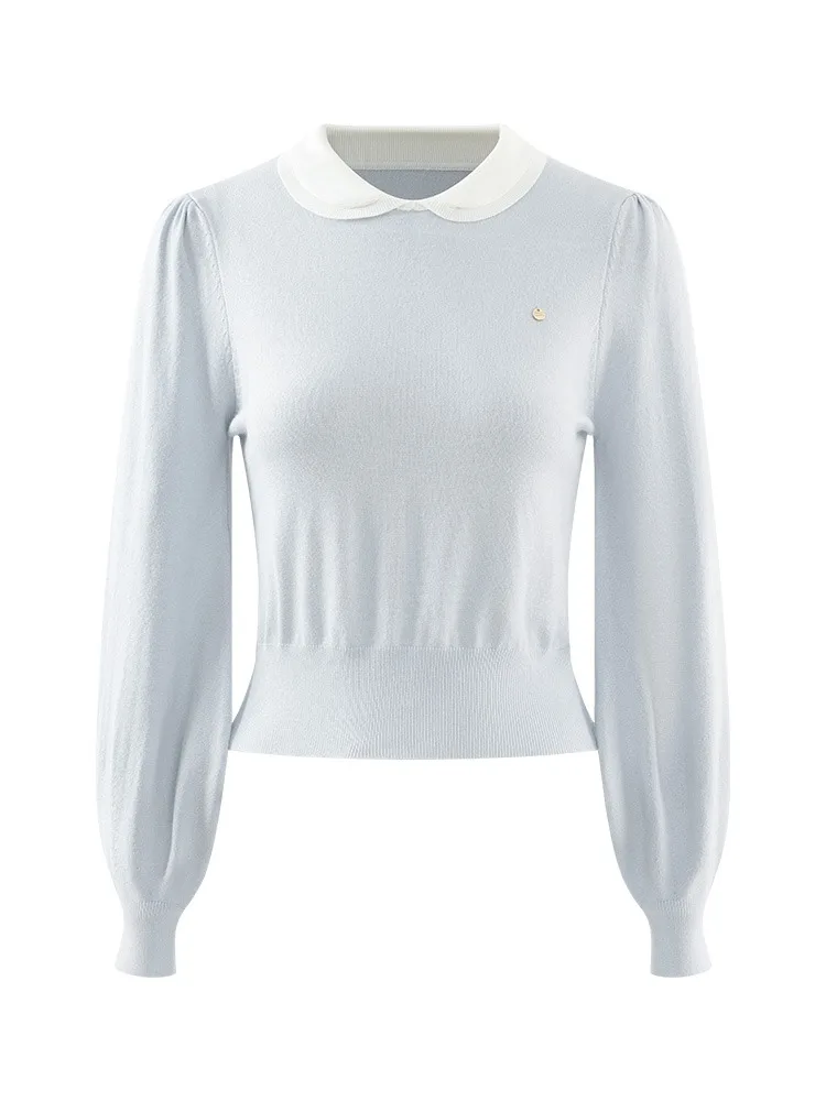Sweet Knit Pullover with Peter Pan Collar Early Autumn Lantern Sleeve Sweater Women Vintage Style Slim Fit Two-Piece Look Top