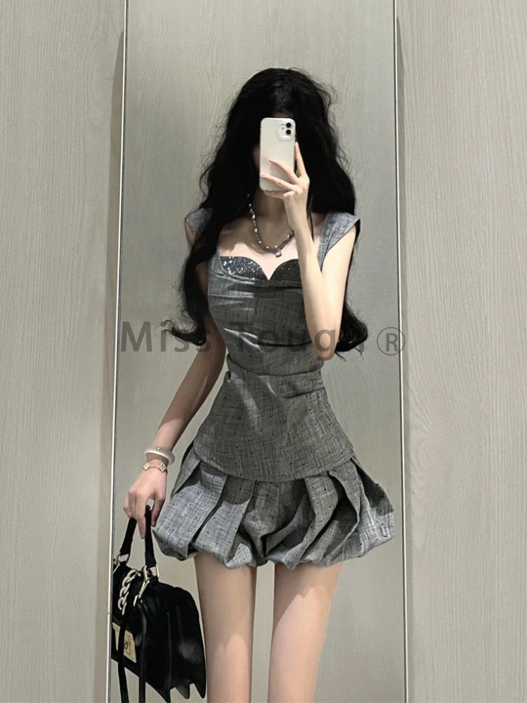 Grey Vintage Elegant 2 Piece Sets Women Patchwork Y2k Sexy High Street Mini Skirt Suits Female Summer Casual Tops+ Chic Skirt