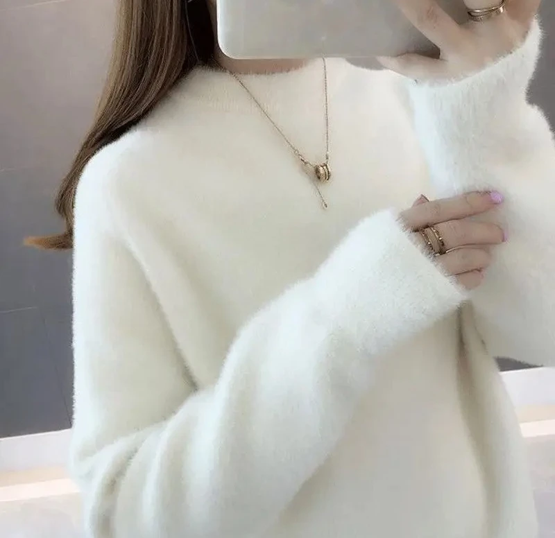 Modieuze korte nep-otterbont gebreide trui losse halfhoge kraag damesbasisshirt herfst wintercollectie