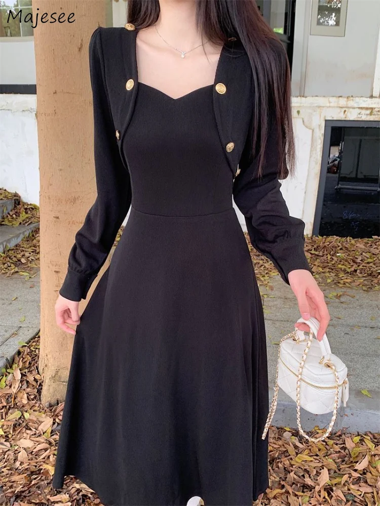 Dresses Women Defined Waist Chic Long Sleeve Button Design Solid Trendy Elegant French Style Autumn Mid-length Vestidos Simple