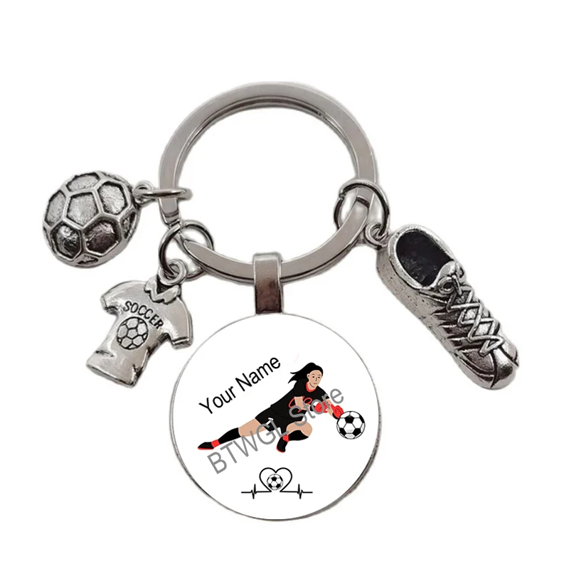 Porte-clés avec nom personnalisé pour filles, grands matchs de football, arbitres, joueurs de football, porte-clés en verre, cad