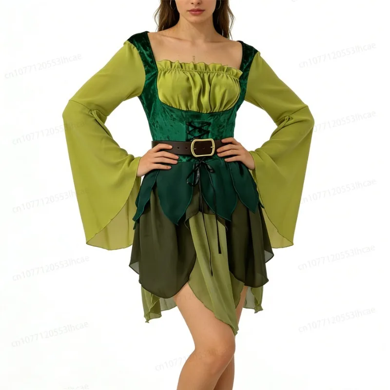 Disfraz de elfa medieval verde para mujer, vestido mágico de elfa con cinturón, disfraces de cosplay de Halloween, disfraz de elfa para juegos de rol