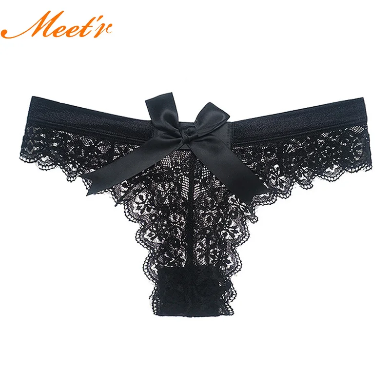 Meet\'r Women Sexy Lace Panties Low-waist Temptation Lingerie Ladies G String Thong Hollow Out Solid Transparent Underwear