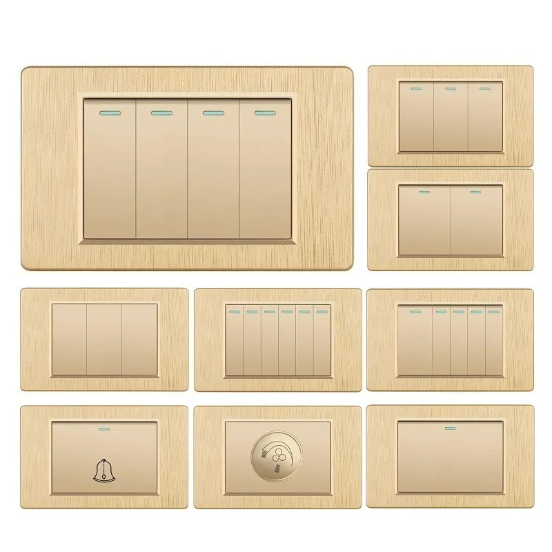 

Taipei US Standard 110-250V 1Gang 2Gang 3Gang 4Gang 5Gang 6Gang Doorbell Fan Speed Wall Switch Blank Panel Brushed Golden PC