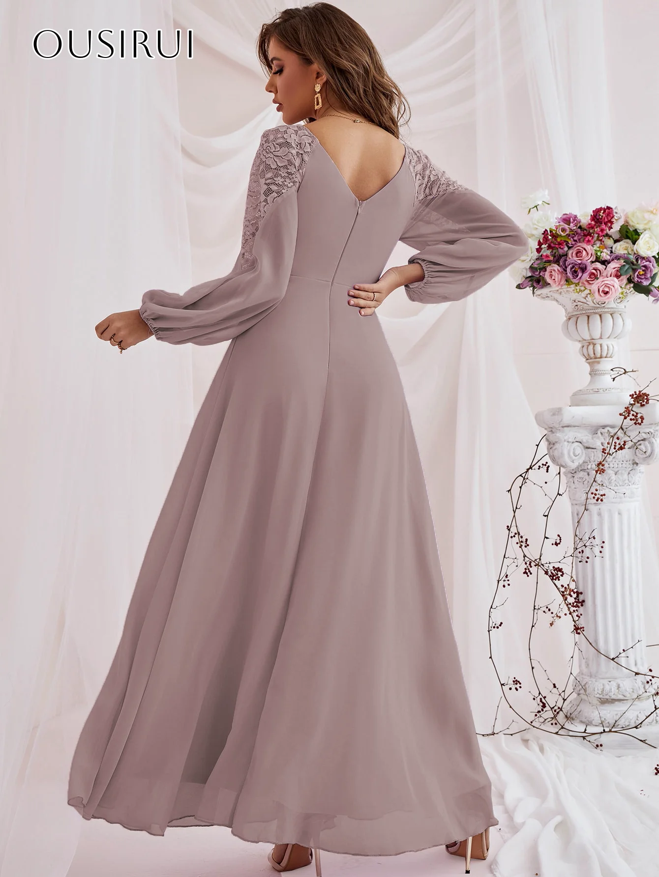 V-neck Chiffon Evening Dresses Lace Long Sleeves Pleated Ankle Length Party Gown Customized свадебное платье