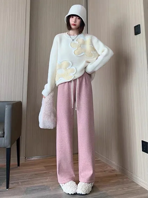 ワイドレッグパンツ イレギュラー レディース 秋 ダブルデッキ レギュラーフィット グランジ コーデュロイ裏地 チェック柄 ニット バンド付き チェック柄 レディース ジャカード