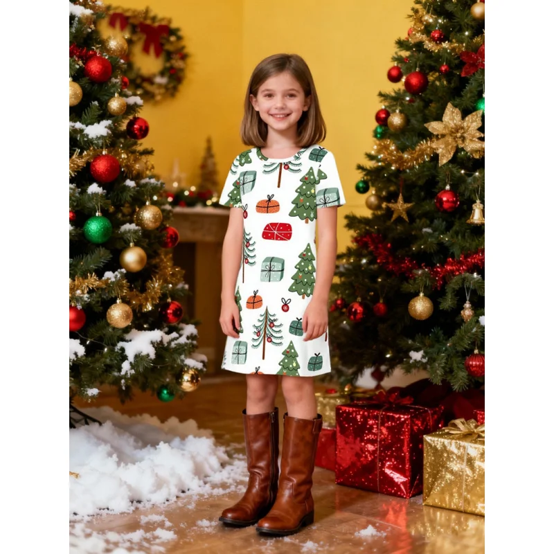 

Girls White Christmas Printed Dress Short Sleeve Festive Cute Children's Clothing Christmas Tree Pattern 2026