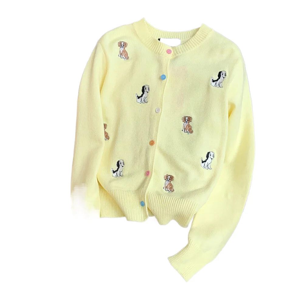 

Вязаный свитер с вышивкой маленькой собаки в японском стиле, женский осенний милый универсальный кардиган на пуговицах с круглым вырезом и длинными рукавами