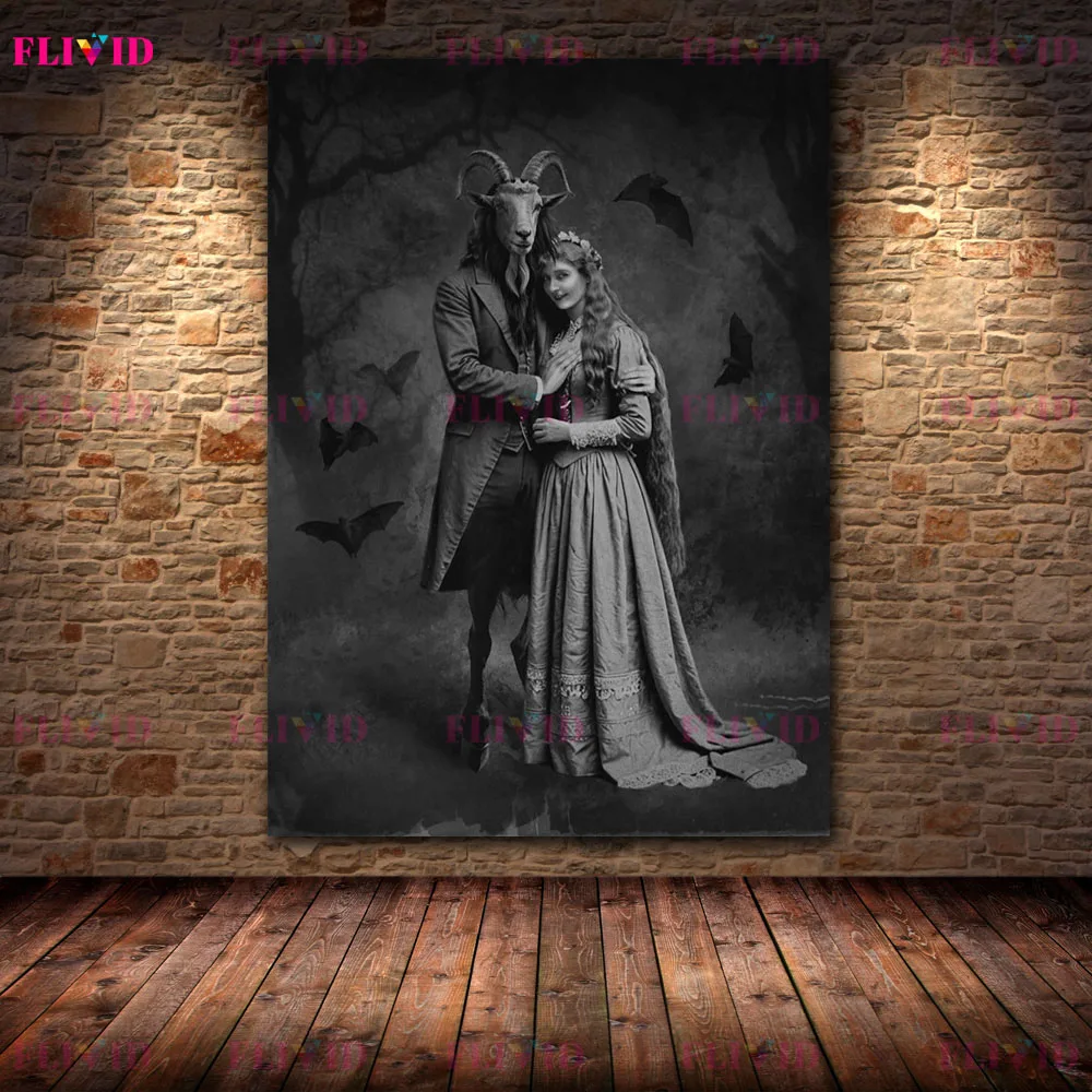 Vintage Black White Goat Man & Lady Canvas Wall Art, Dark Gothic Retro Photograph Poster,Occult Witchy Print for Home Room Decor