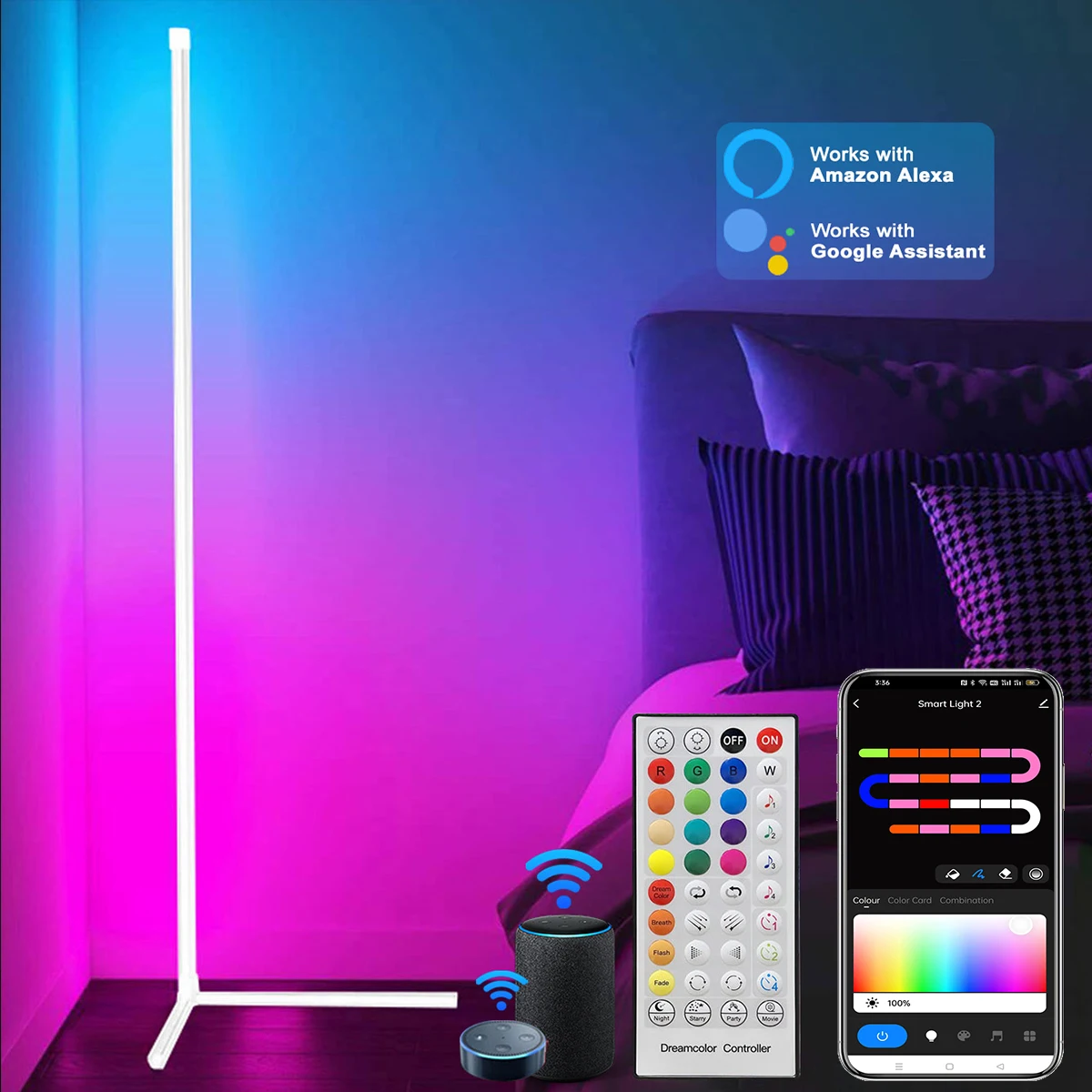 Smart APP Control Living Room Dimmable Corner LED Floor Lamp USB Powered Nordic RGB Color Changing Standing Strip Mood Light