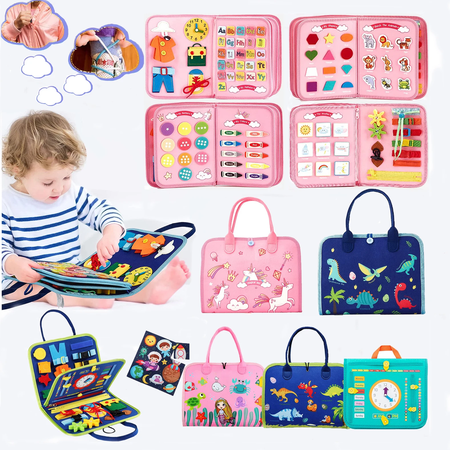

Toddler Busy Board Montessori Early Educational Sensory Toys Learning Activities with Life Skills，Alphabet，Number，Weather Learni