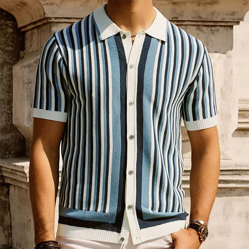 

Men's knitting polo, luxury fashion, leisure, striped, buttoned, short sleeves, casual cardigan, business knitting, summer 2025