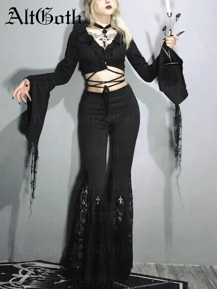 Dark Academia Gothic Pants Women Streetwear Punk Grunge Cross Lace Patchwork High Waist Flare Pants Y2k E-girl Trousers