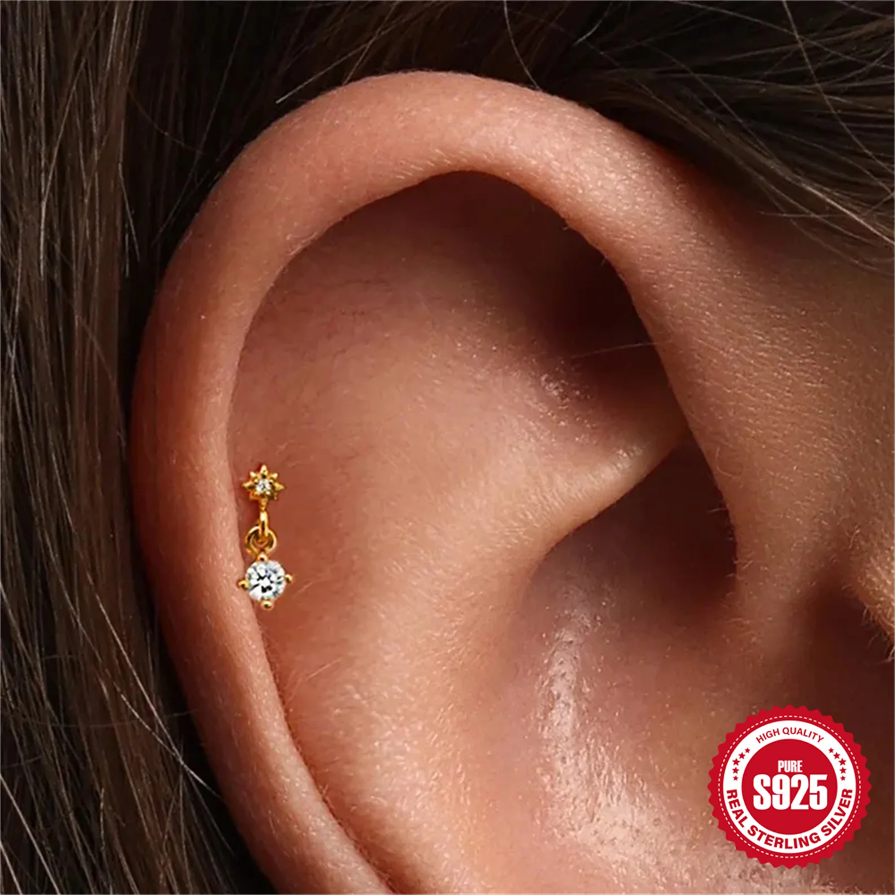 أقراط روكسي 925 من الفضة الإسترليني على شكل نجمة/قطرة الماء على شكل سلسلة شرابة للنساء كلاسيكية بدون خيوط دفع في مسمار روك المخفي