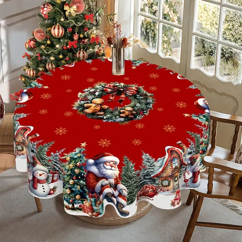 VIKAMA Christmas Round Tablecloth Red Watercolor Santa Claus Snowman Tree Gingerbread Wreath Winter Holiday Dining Table Cover