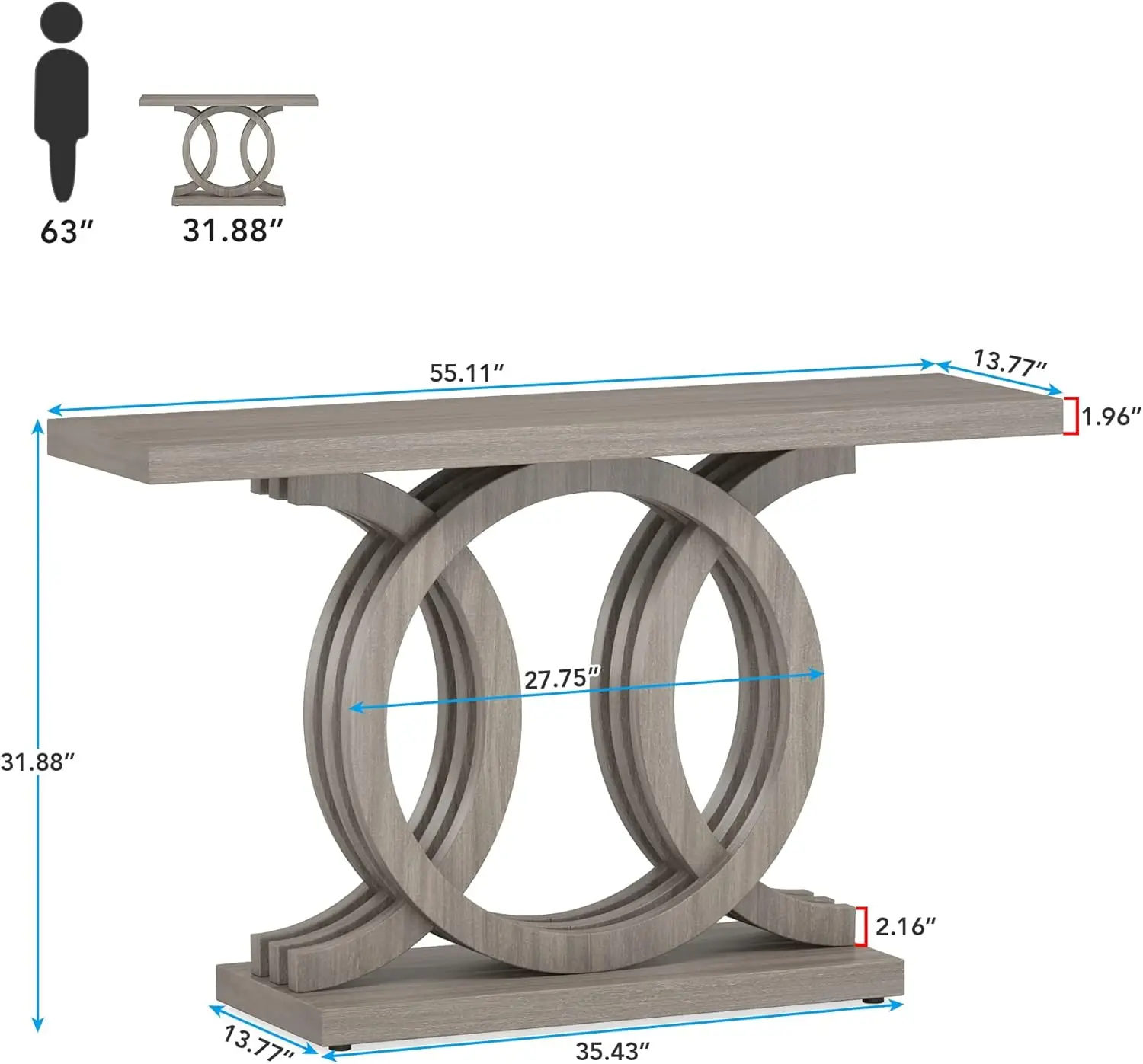 55 inches Console Table with Geometric Base, Farmhouse Hallway Table, Wooden Entryway Table