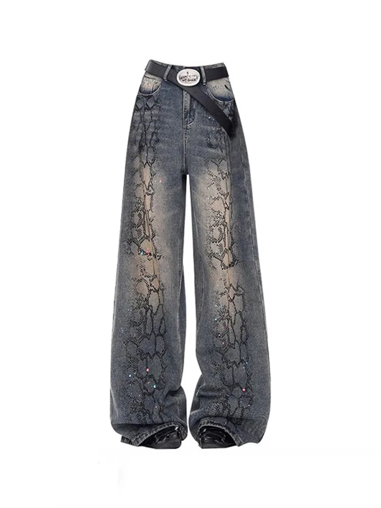 

American style snake pattern hot stamping heavy-duty jeans women's spring and autumn 2025 new design loose wide leg pants