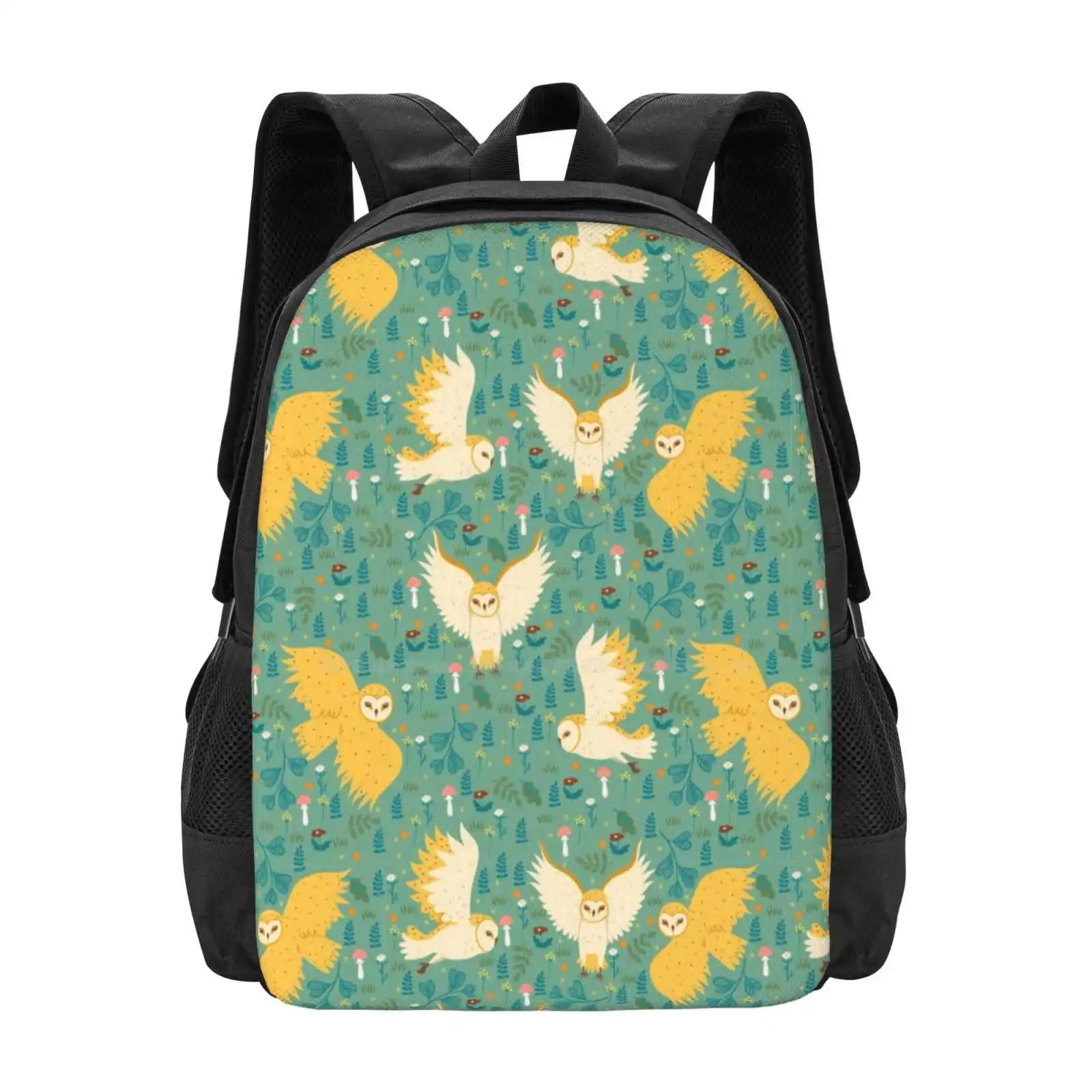 

Barn Owl And Plant Pattern Pattern Design Bag Student'S Backpack Pattern Barn Owl Flora Green Yellow Cute Meadow Spring Summer