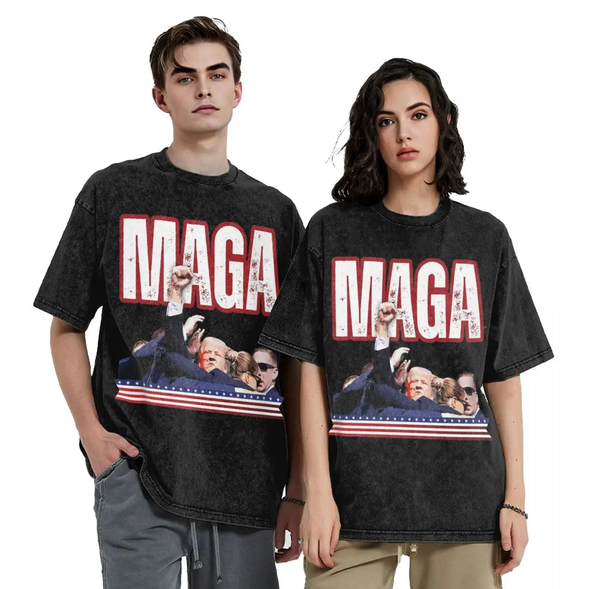 MAGA Iconic Trump Shot Washed T Shirts Hip Hop Retro T-Shirts 2024 Trump Rally Shooting Shirt Men Women Short Sleeve Harajuku