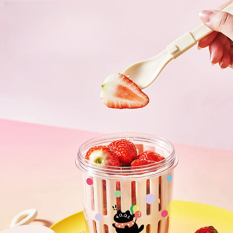 

Fresh-keeping box for food out with lid, sealed double-layer drain storage, fruit cup with fork and spoon, picnic salad cup