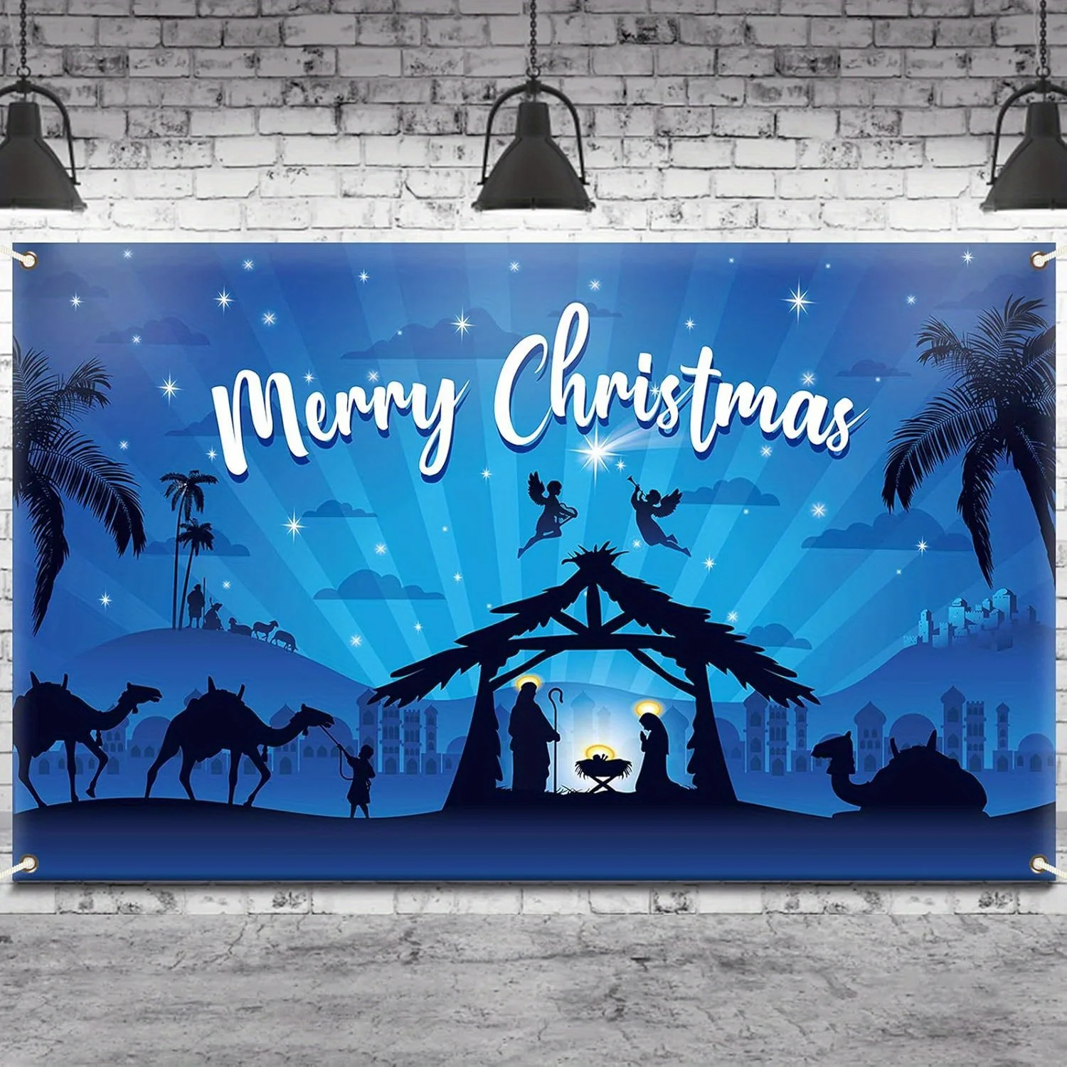 

Holy Nativity Christmas Backdrop Decorations Outdoor/Indoor Manger Scene Religious Blue Banner Background Home Office Decor