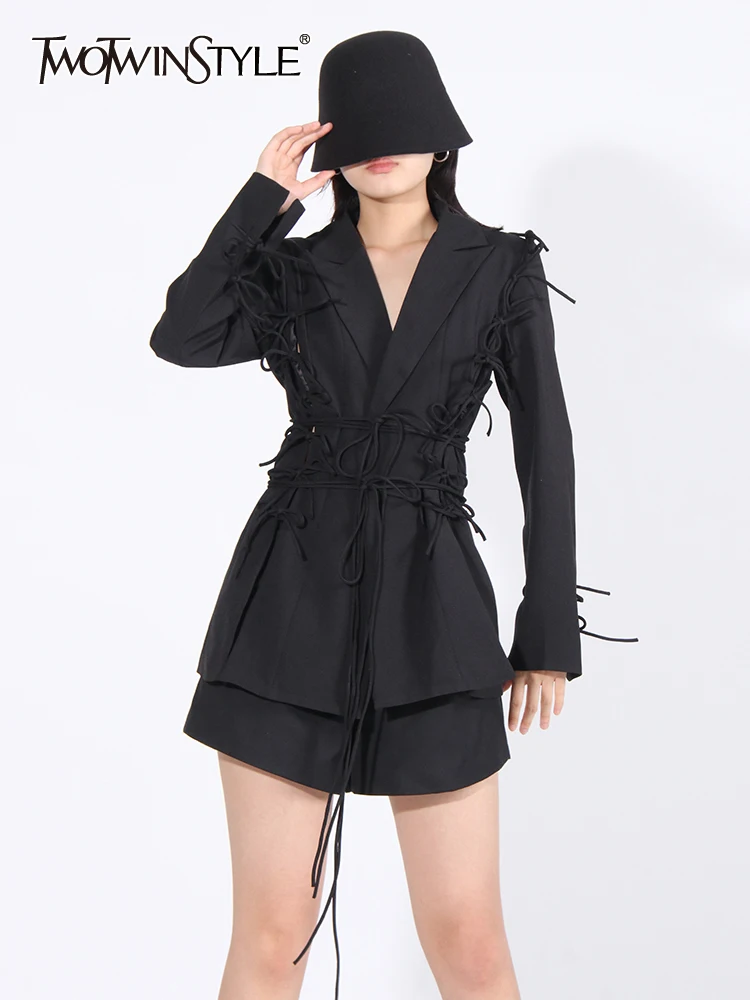 

TWOTWINSTYLE Solid Spliced Lace Up Blazers For Women Notched Collar Long Sleeve Tunic Casual Blazer Female Fashion Clothing 2023