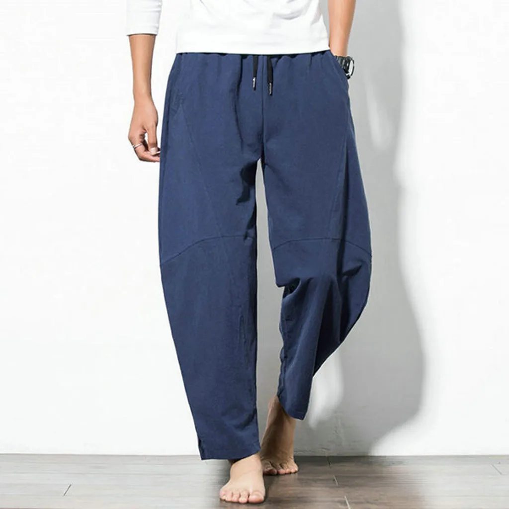 Fashion Men Oversized Linen Wide Pants Summer Korean Vintage Streetwear Male Elastic Waist Casual Big Size Solid Long Trousers