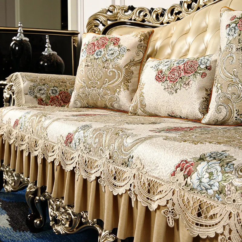 Vintage Lace Luxury Sofa Couch Cover 1 2 3 Seater Non-slip Jacquard Floral Corner Leather Sofa Slipcover Armchair Towel European