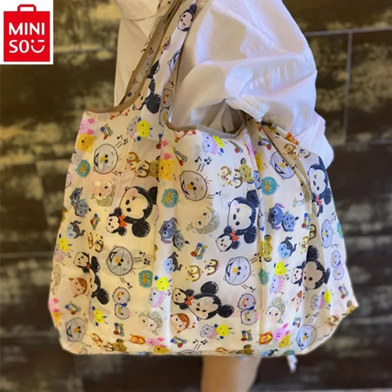 MINISO   Ladies Fashion Large Capacity Handheld Environmental Bag Cute Mickey Hello Kitty Foldable Waterproof Storage Bag