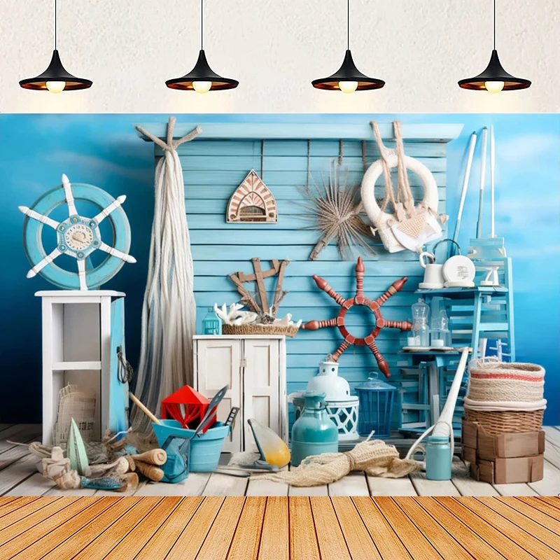 Photography Backdrop Blue Wooden Wall Poster Seashells Sailing Ship Wheel Helm Fishing Net Starfish Banner Birthday Background